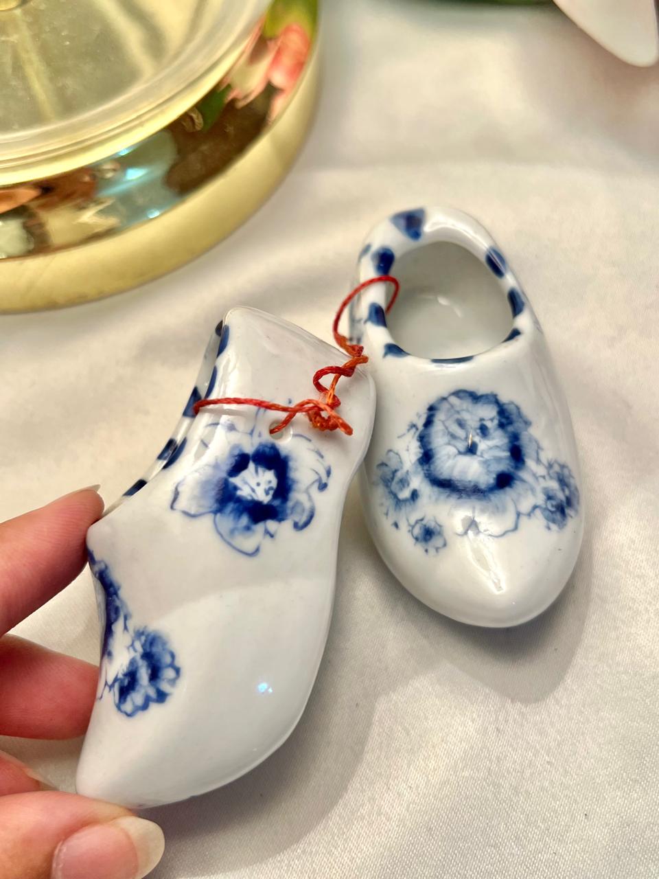 Blue & White Floral Miniature Ceramic Clogs Pair 3"