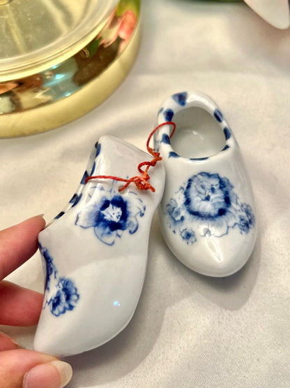 Blue & White Floral Miniature Ceramic Clogs Pair 3"