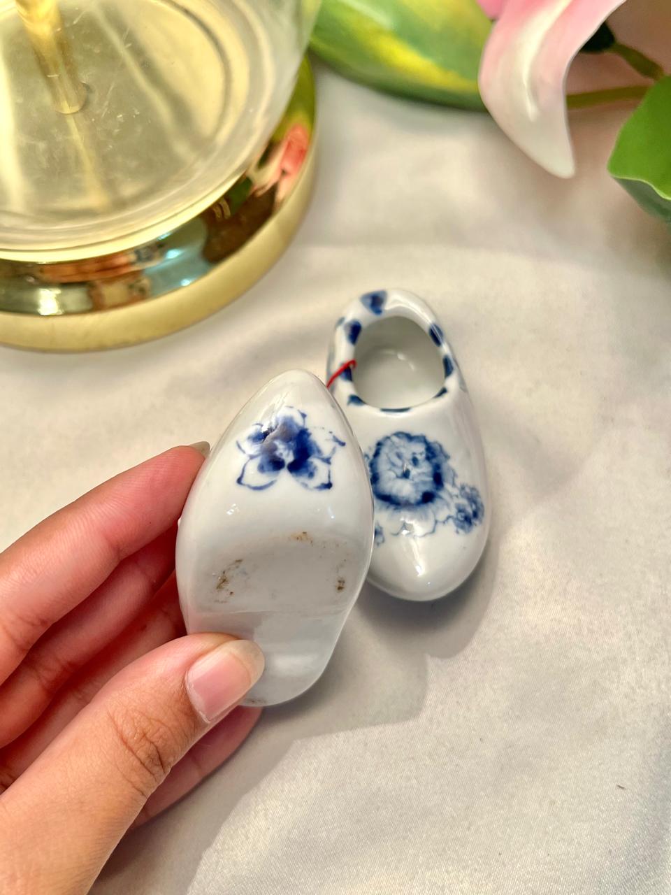 Blue & White Floral Miniature Ceramic Clogs Pair 3"