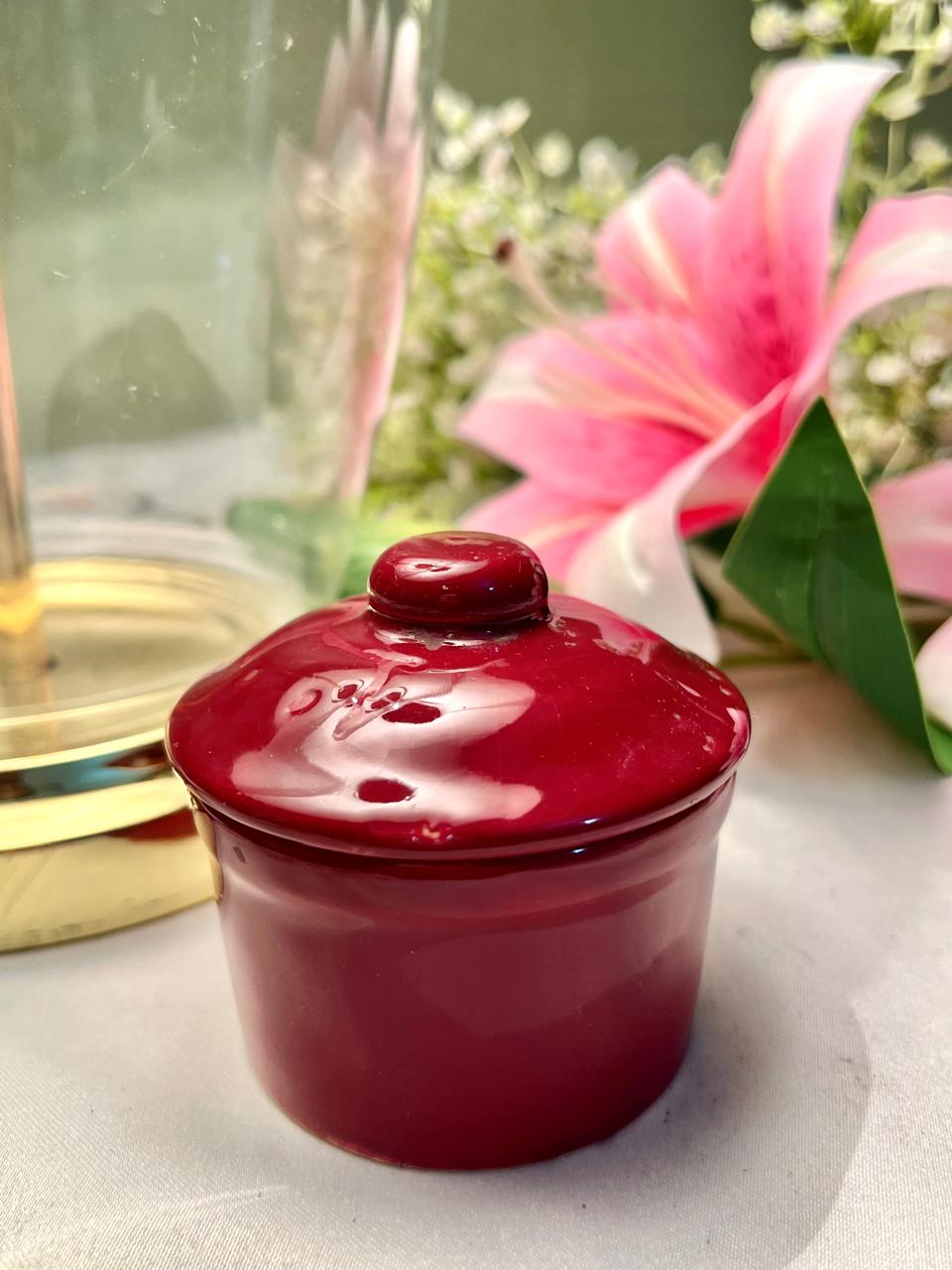 Vintage Red Ceramic Lidded Jar Approx. 3 in