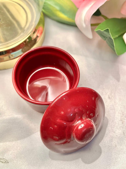 Vintage Red Ceramic Lidded Jar Approx. 3 in