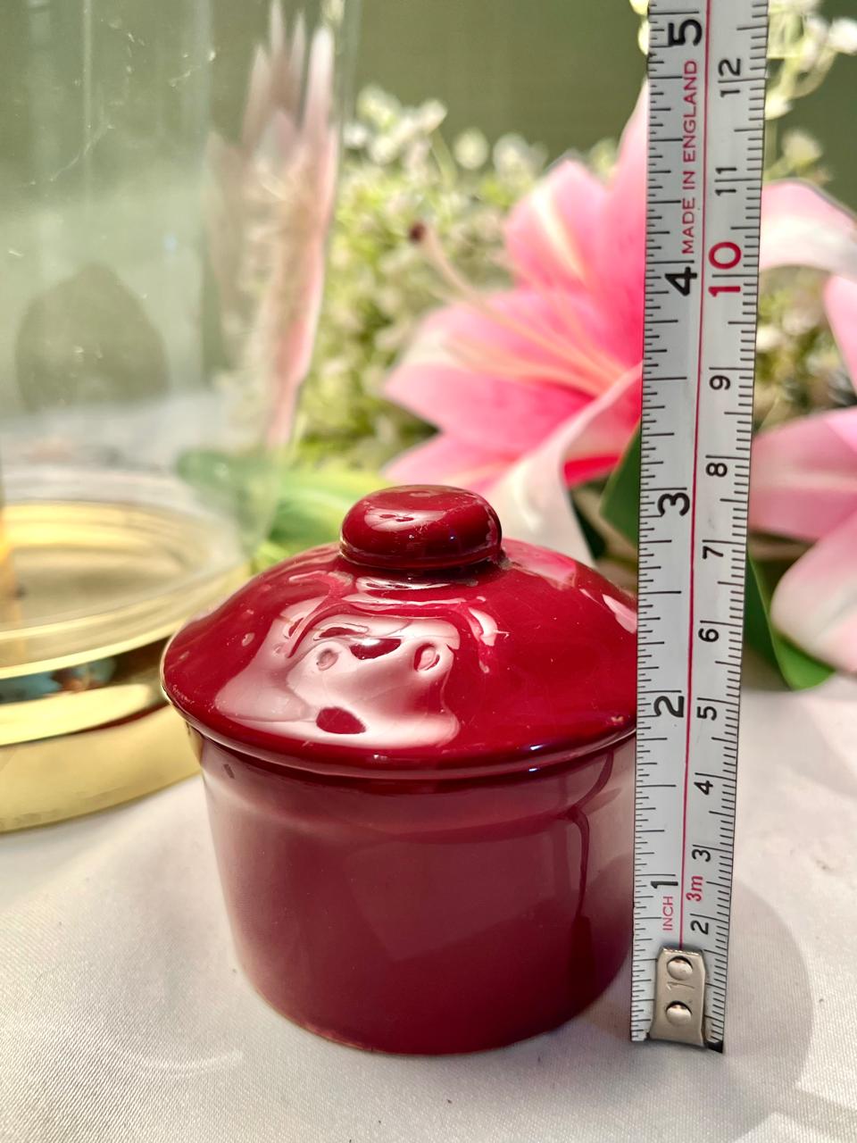 Vintage Red Ceramic Lidded Jar Approx. 3 in