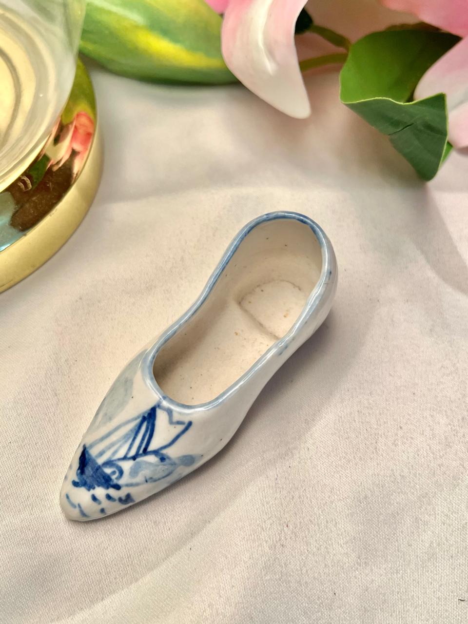 Vintage Blue & White Ceramic Miniature Shoe Approx. 3.5 in