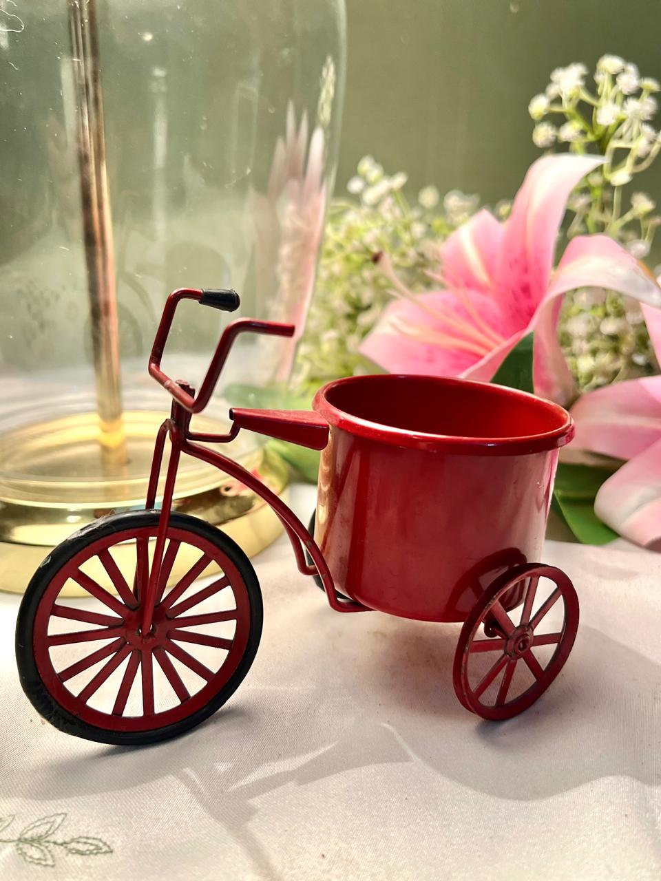 Red Metal Tricycle Planter Miniature Decor Approx. 4 in