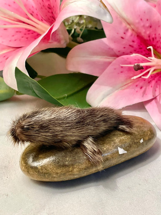 Vintage Fur Mouse Figurine on Natural Stone Base Approx. 4.5 in