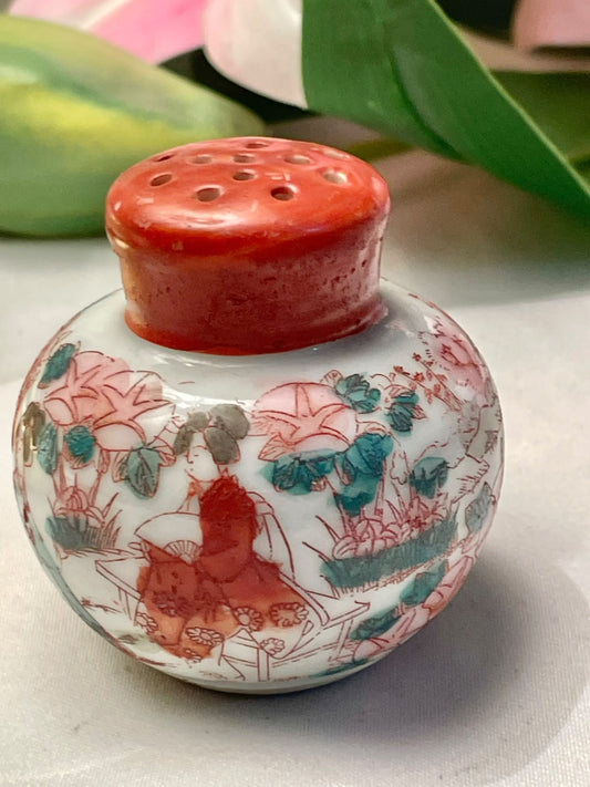 Vintage Chinese Style Porcelain Potpourri Scent Jar Pierced Red Lid Floral Scene Approx. 2.25 in