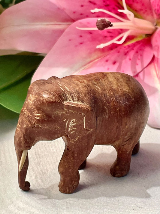 Vintage Hand-Carved Wooden Elephant Figurine with Tusks Small Decorative Ornament Approx. 2.5 in