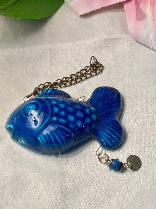 Vintage Blue Glazed Ceramic Fish Wall Hanging Ornament with Chain Approx. 3.2 in