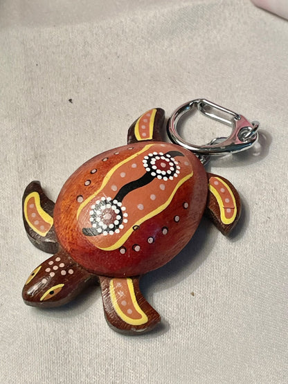 Vintage Painted Wooden Turtle Keychain 1pc 2.5 in