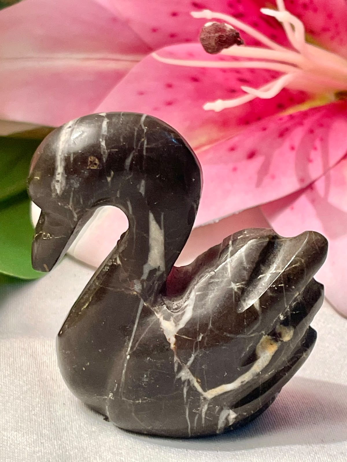 Vintage Dark Stone Swan Figurine 2.5 in
