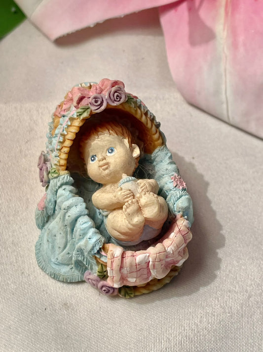 Vintage Baby in Basket Miniature Figurine 2.5 in