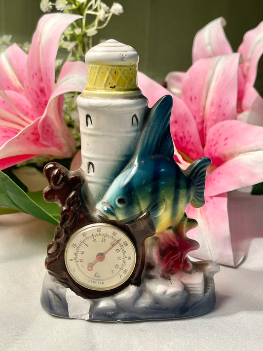 Vintage Lighthouse & Fish Ceramic Thermometer 5 in
