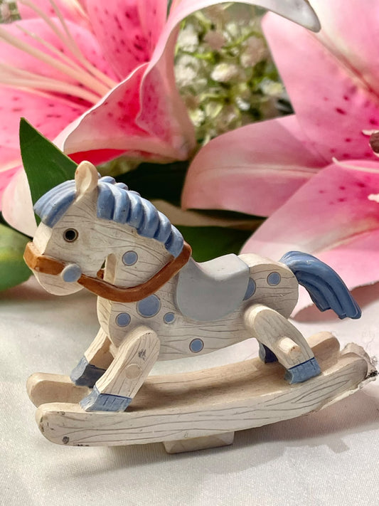Blue & White Rocking Horse Miniature Figurine 3.25"