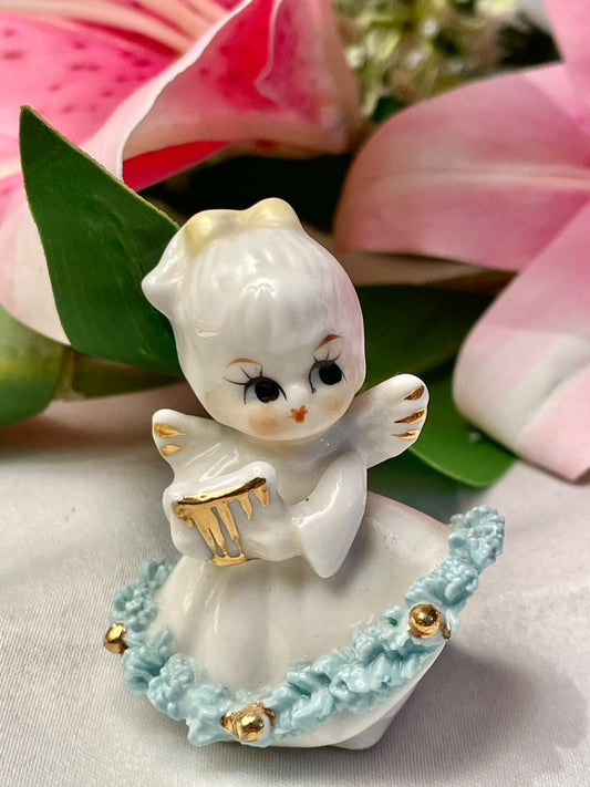 White Angel Harp Miniature Figurine with Blue Trim 2.5"