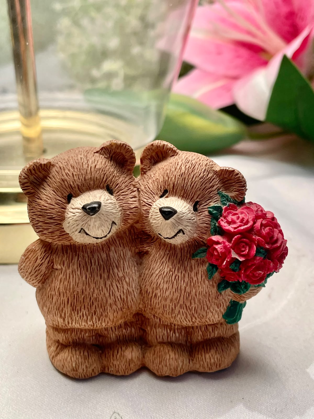 Teddy Bear Couple with Red Roses Figurine 3"