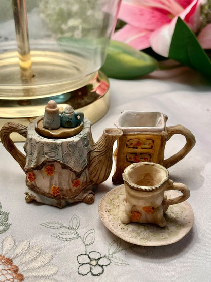 Miniature Tea Set Decor Trio with Teapot, Cup & Cabinet