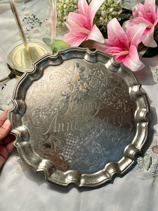 Queen Anne Silver Happy Anniversary Engraved Serving Tray 12"