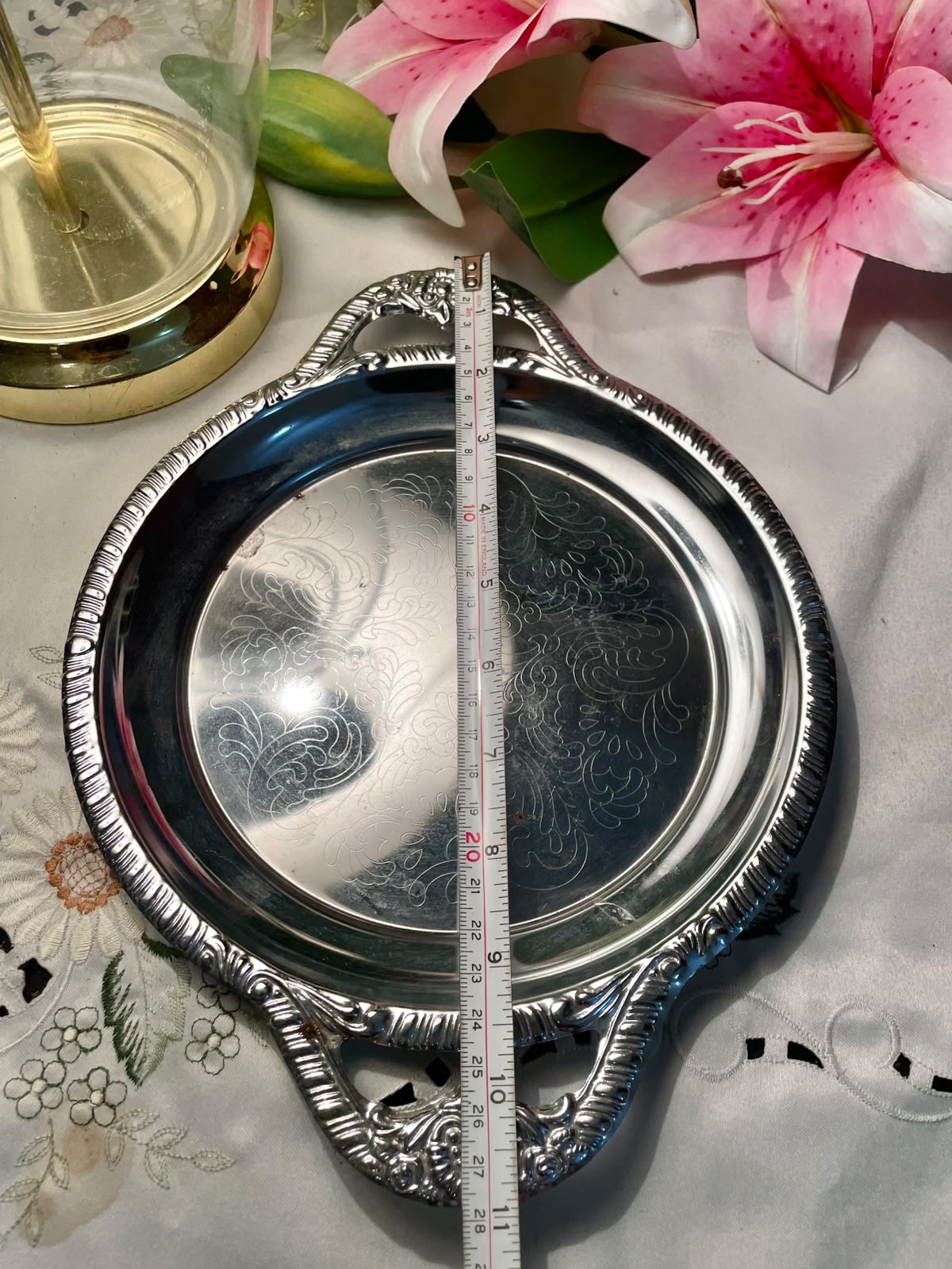 Silver-Tone Engraved Serving Tray with Handles 10"