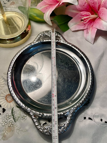 Silver-Tone Engraved Serving Tray with Handles 10"