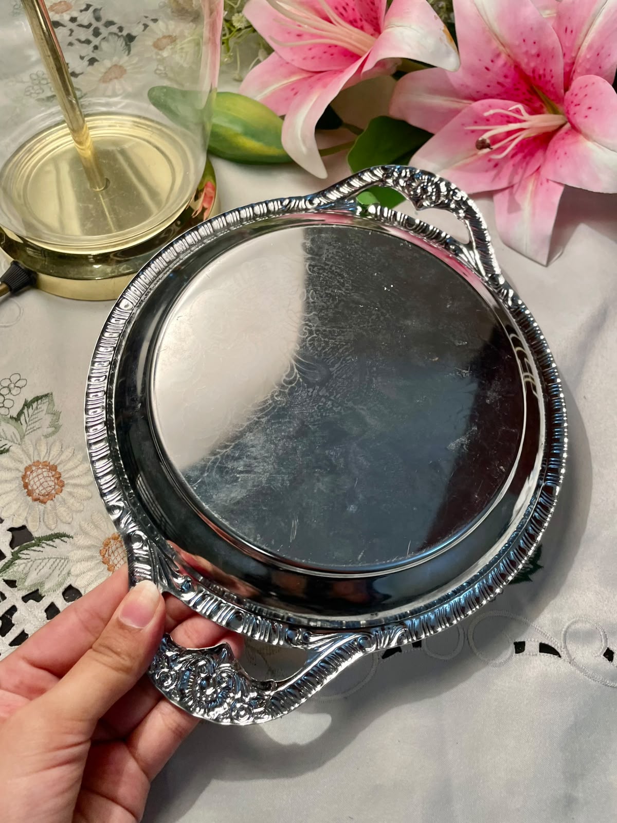 Silver-Tone Engraved Serving Tray with Handles 10"