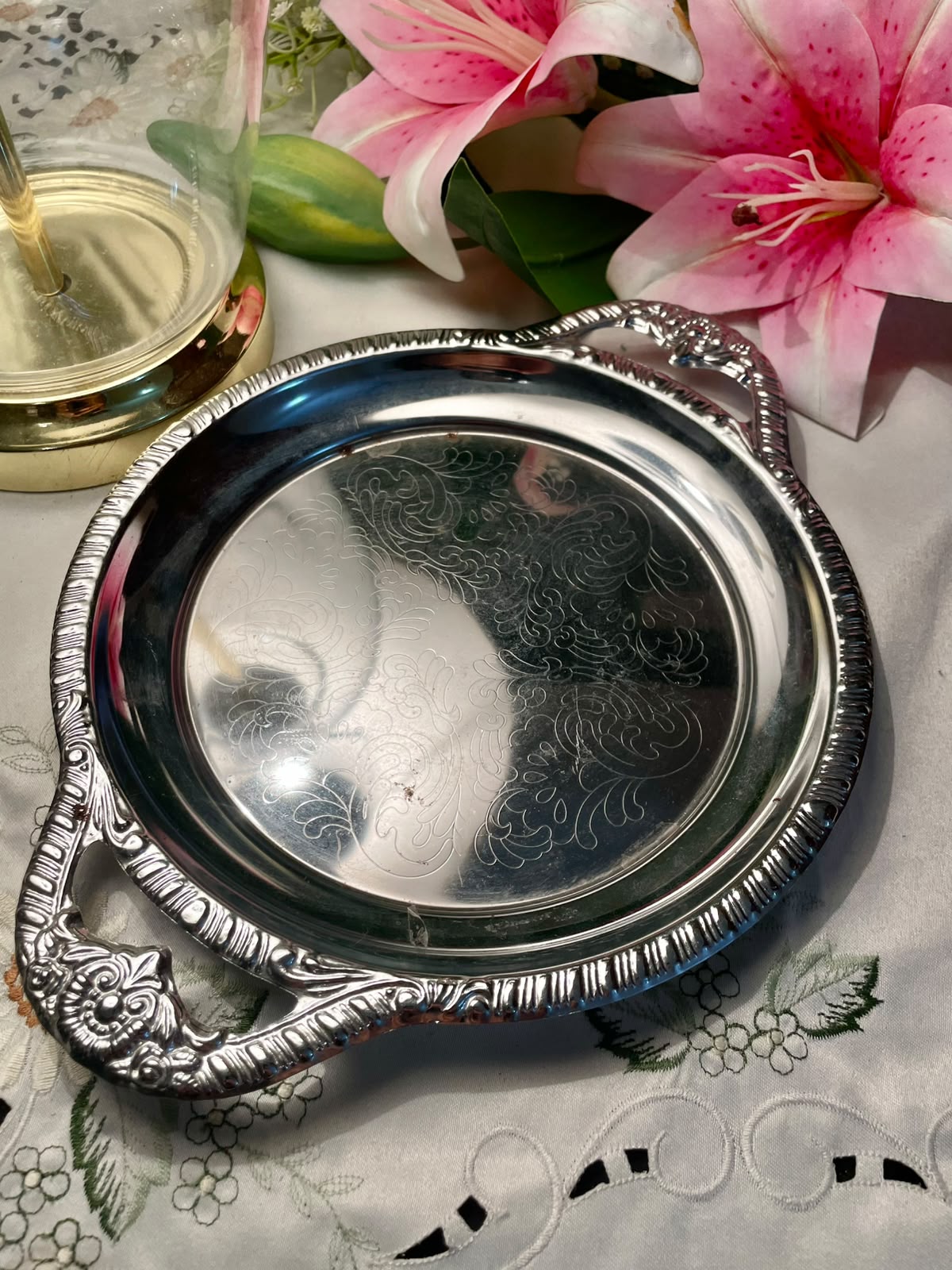 Silver-Tone Engraved Serving Tray with Handles 10"