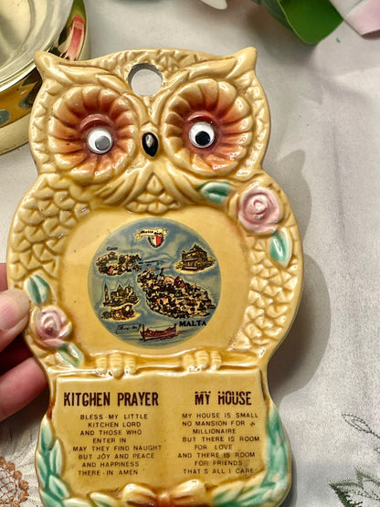 Malta Owl Ceramic Wall Plaque Kitchen Prayer 18 cm
