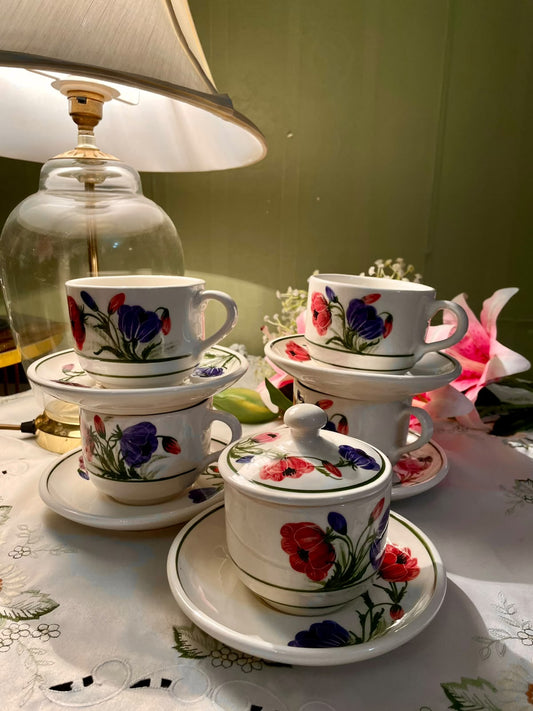 Vintage Cyprus Floral Set of 4 Tea Set with sugar pot Handpainted England