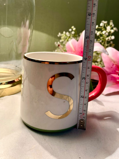 M&S Home Initial S China Mug Red Green Gold-Tone 10 cm