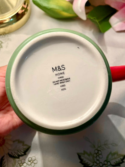 M&S Home Initial S China Mug Red Green Gold-Tone 10 cm