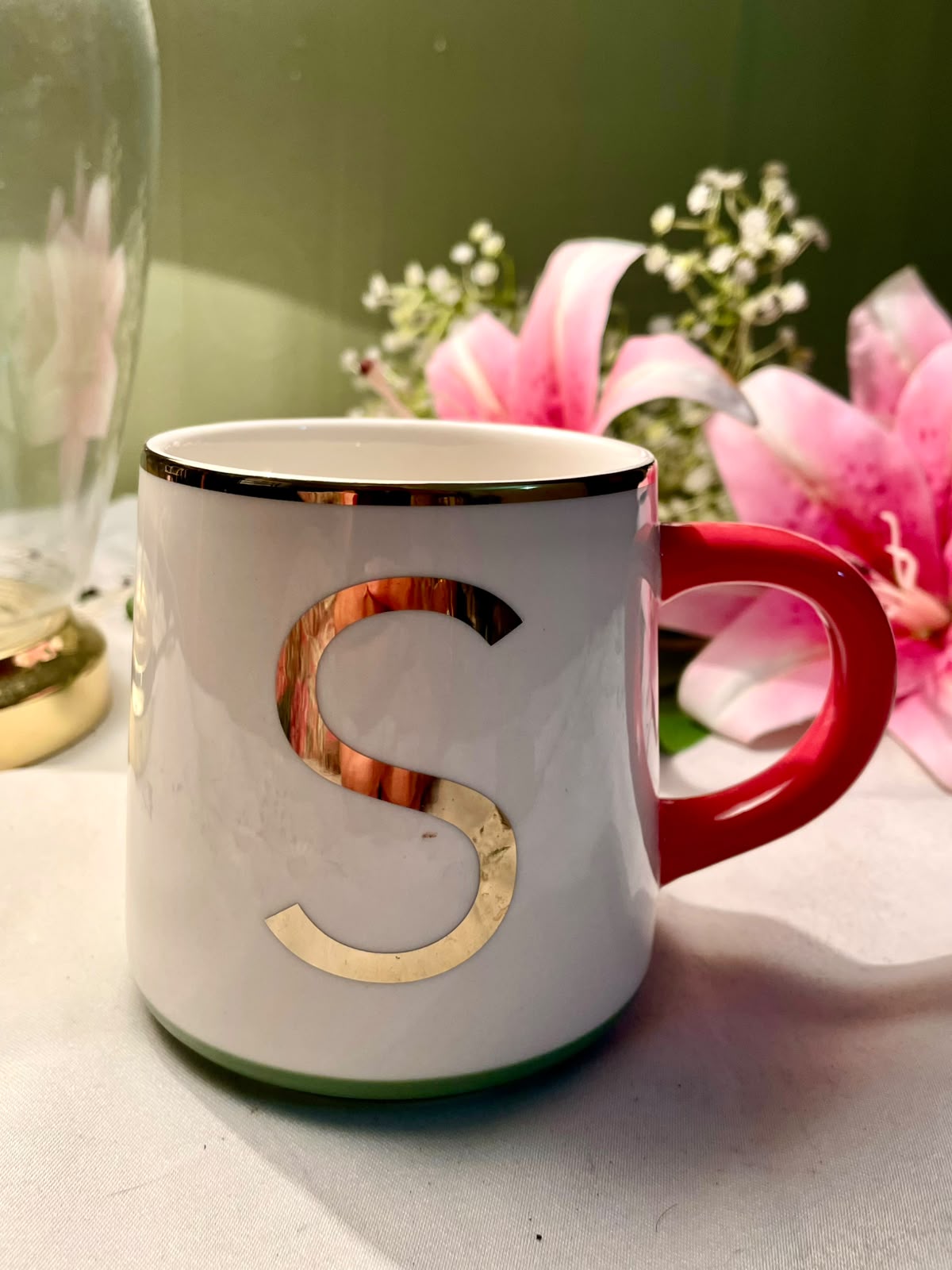 M&S Home Initial S China Mug Red Green Gold-Tone 10 cm