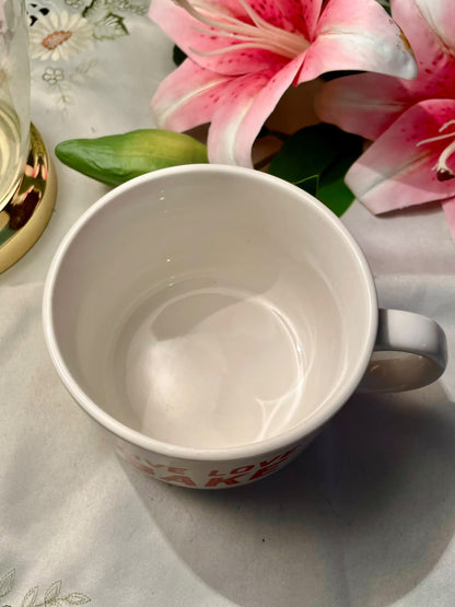 Live Love Bake White Ceramic Mug Red Typography 11 cm