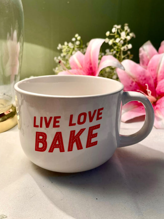 Live Love Bake White Ceramic Mug Red Typography 11 cm