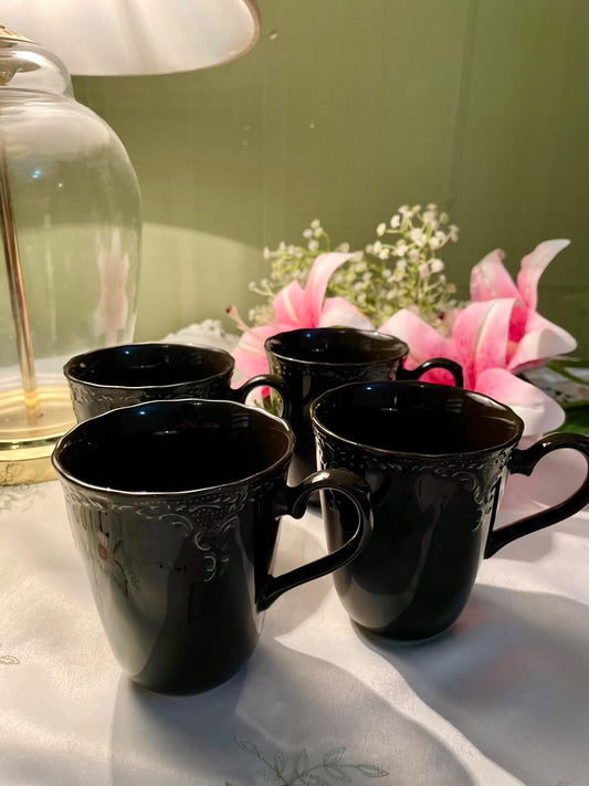 4-Piece Black Embossed Ceramic Mug Set Made in Japan 10 cm