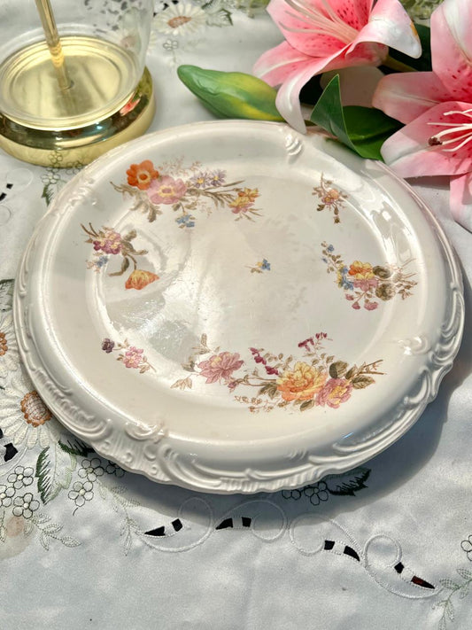 Vintage English Floral Porcelain Serving Plate 11 Inch – Ornate Embossed Rim Antique Style