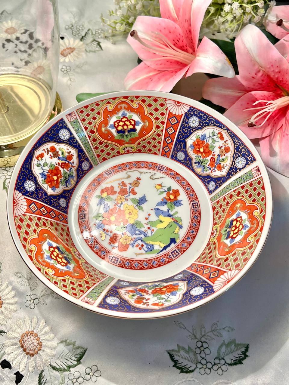 Vintage Japanese Imari Style Floral Porcelain Large Serving Bowl  9"