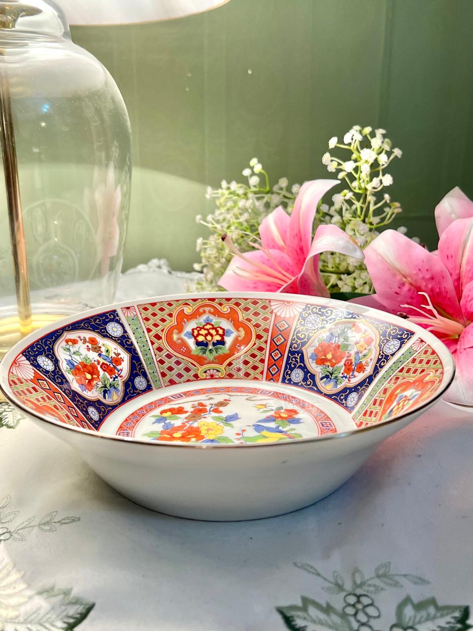 Vintage Japanese Imari Style Floral Porcelain Large Serving Bowl  9"