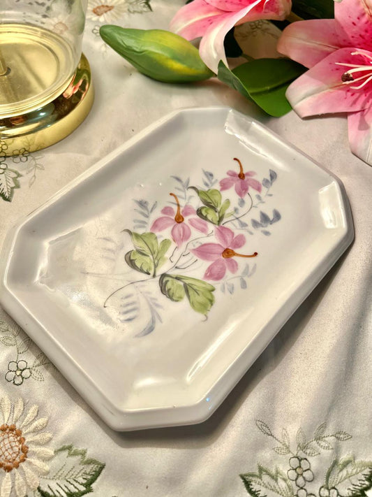 Vintage Floral Rectangular Serving Dish 21 cm Pink Flower Ceramic Tray