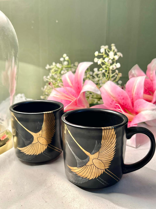 Vintage Black & Gold Egyptian Winged Scarab Ceramic Mugs Set of 2