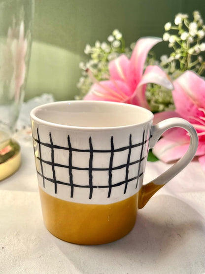 John Lewis & Partners hand painting Fine China Mustard Grid Mug 9 cm