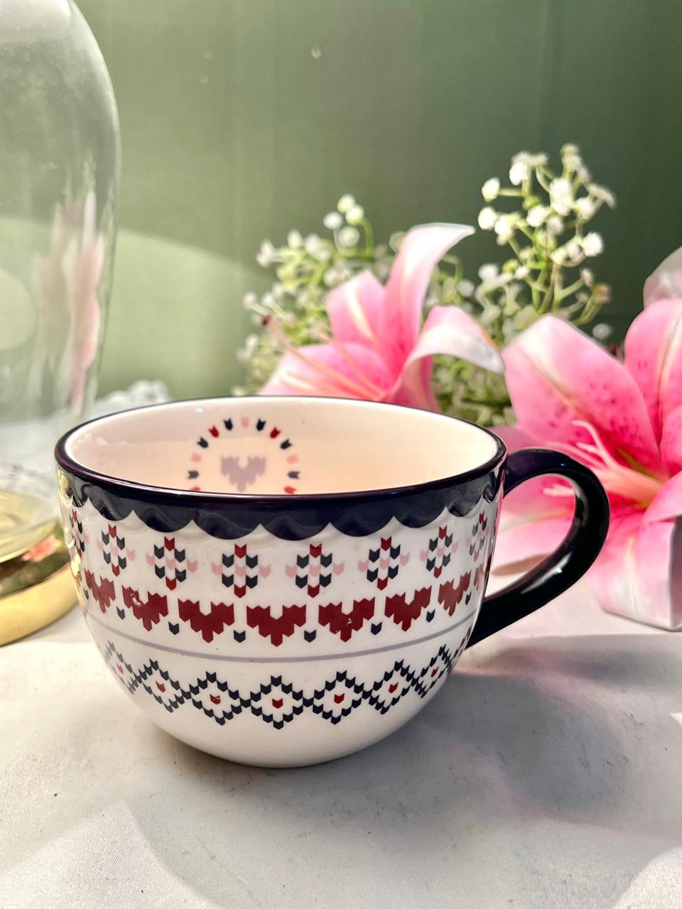 Sainsbury’s Large hand painting Ceramic Soup Mug Navy Folk Pattern 13 cm