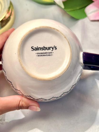 Sainsbury’s Large hand painting Ceramic Soup Mug Navy Folk Pattern 13 cm