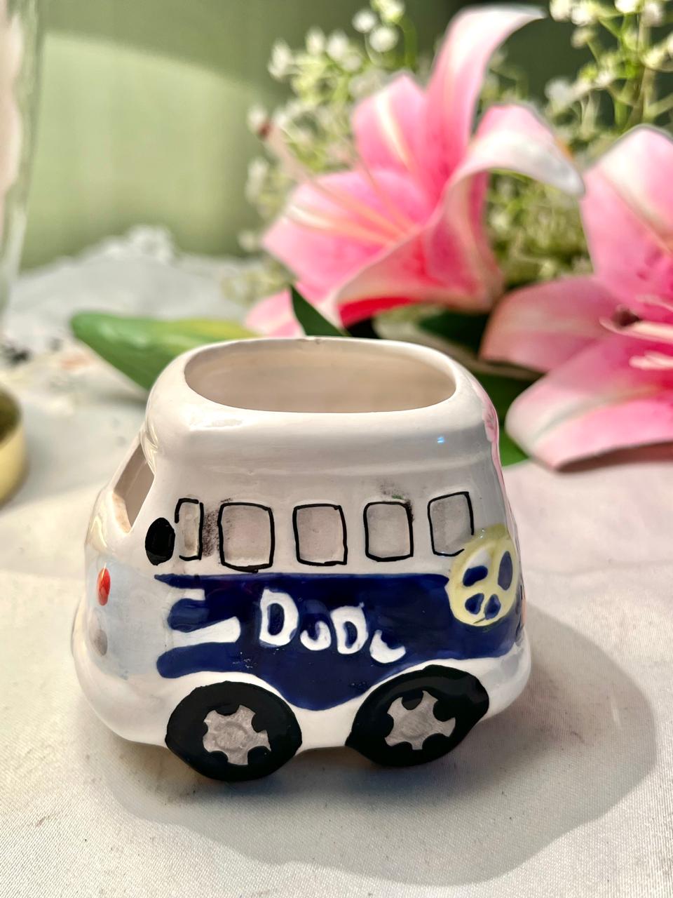 Ceramic hand painting Camper Van Egg Holder White Blue 8 cm