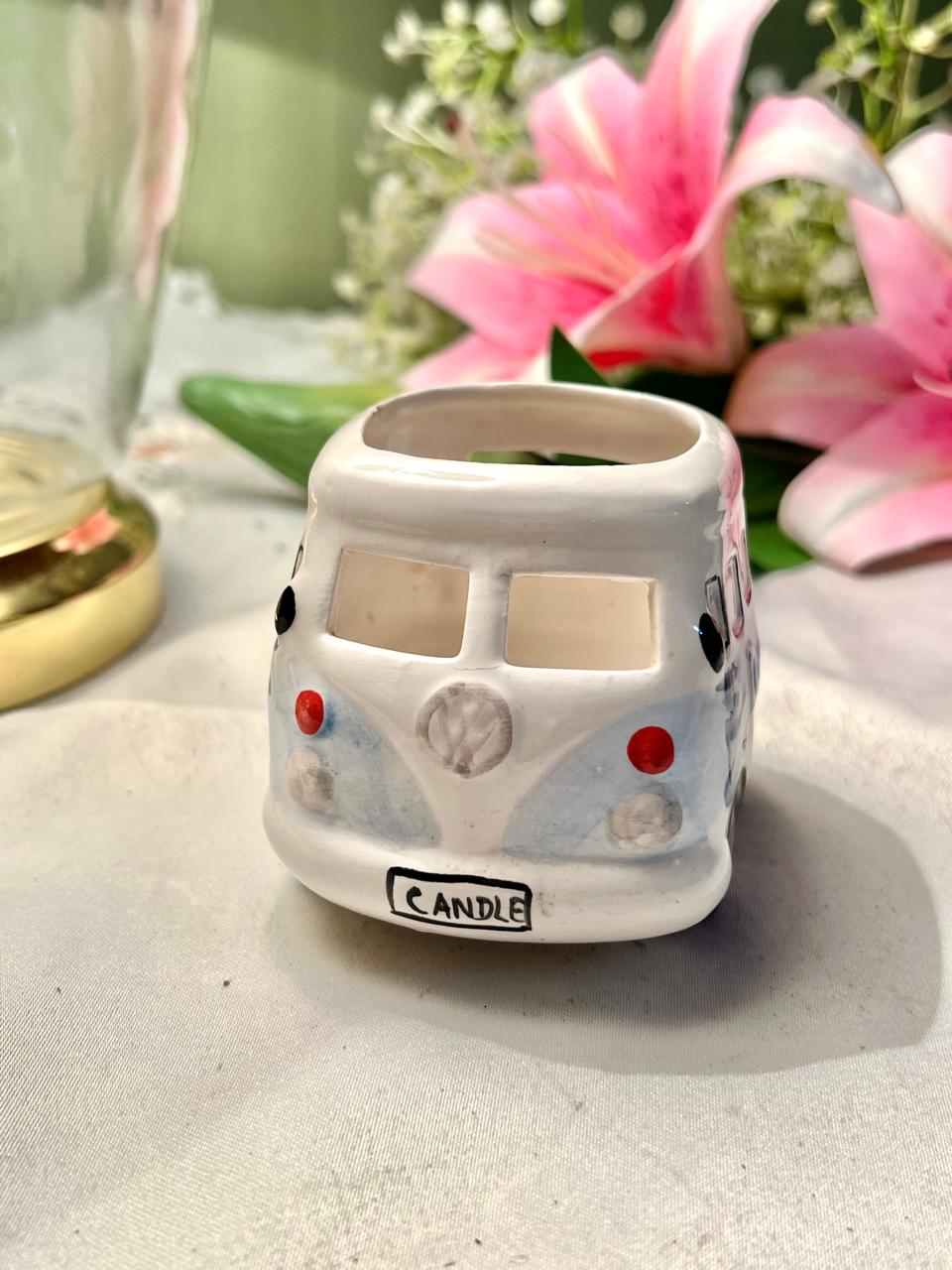 Ceramic hand painting Camper Van Egg Holder White Blue 8 cm