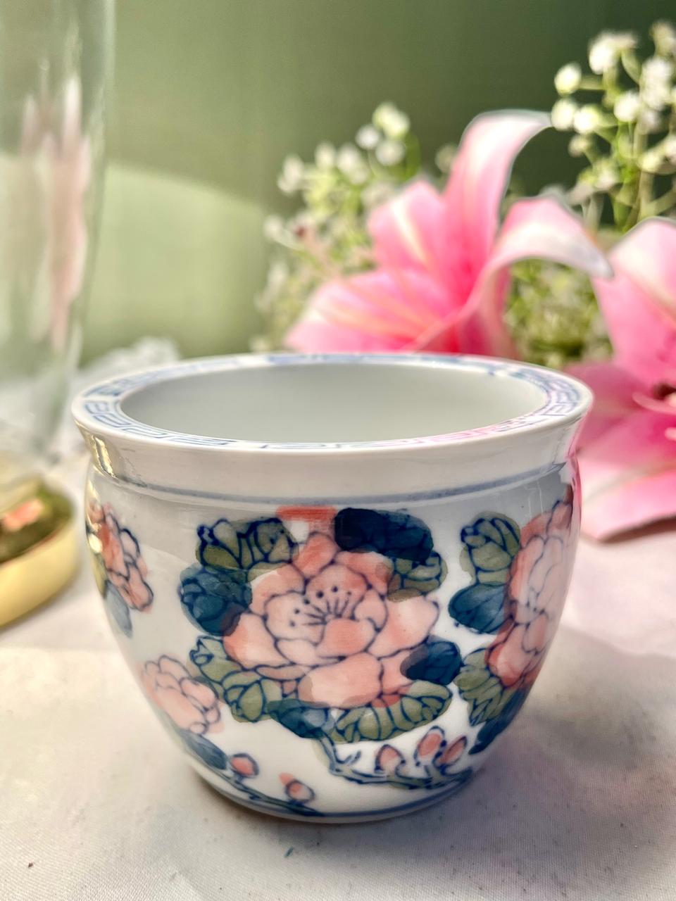 Blue & Pink Floral Ceramic Cachepot Planter 9 cm