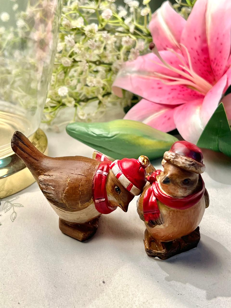 2-Piece Winter Bird Figurine Set Red Brown 10 cm