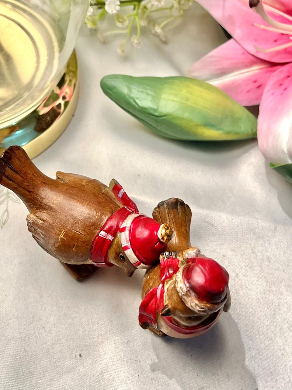 2-Piece Winter Bird Figurine Set Red Brown 10 cm