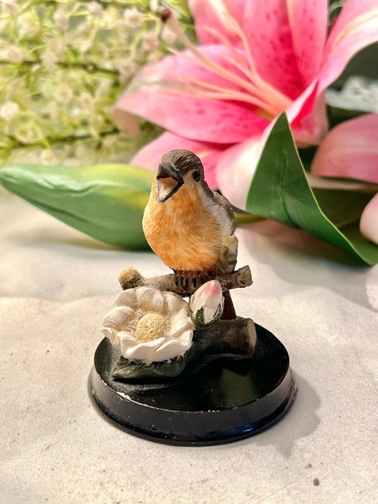 Miniature Brown Songbird Figurine with Flower on Base 8 cm