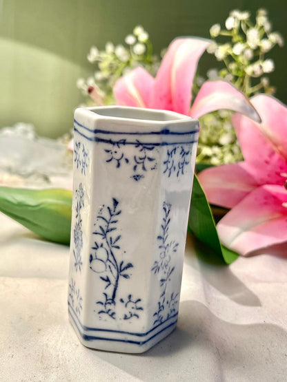 Blue & White Hexagonal Porcelain Brush Pot – Floral Oriental Style
