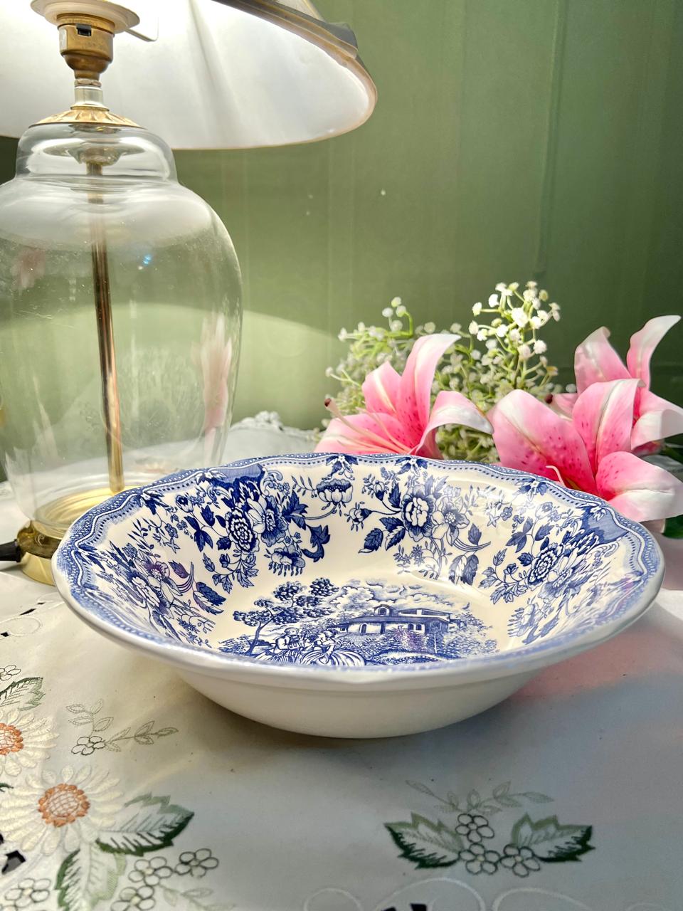 Ironstone Extra Large Blue & White Floral Serving Bowl 11"
