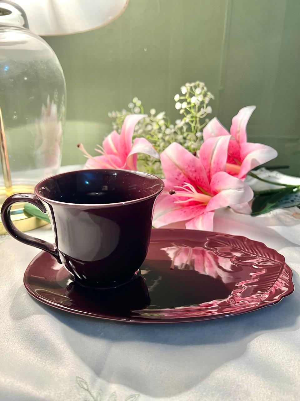 IKEA VINTER 2018 Purple Stoneware Mug & Leaf Saucer Set 36 cl